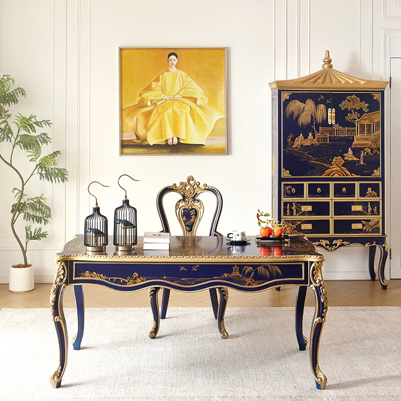 French Chinese style villa royal blue hand-painted solid wood rectangular dining table, desk, chair, writing desk, calligraphy a
