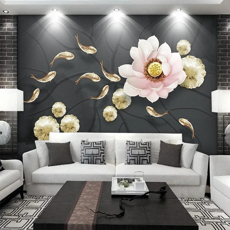 Chinese Style 3D Relief Lotus Flowers Fish Black Mural Wallpaper for Bedroom Living Room TV Background Wall Painting Custom Size