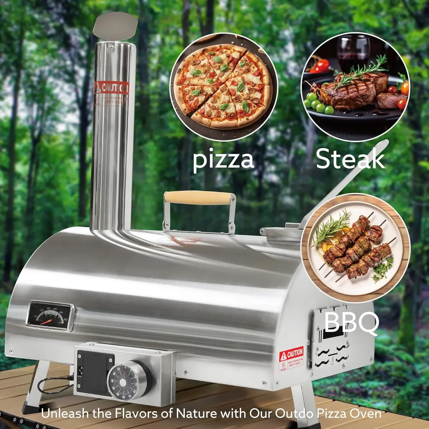 Forno de pizza giratório automático Ciatre 12"" - Máquina de pizza portátil de madeira de aço inoxidável com termômetro embutido, pizza