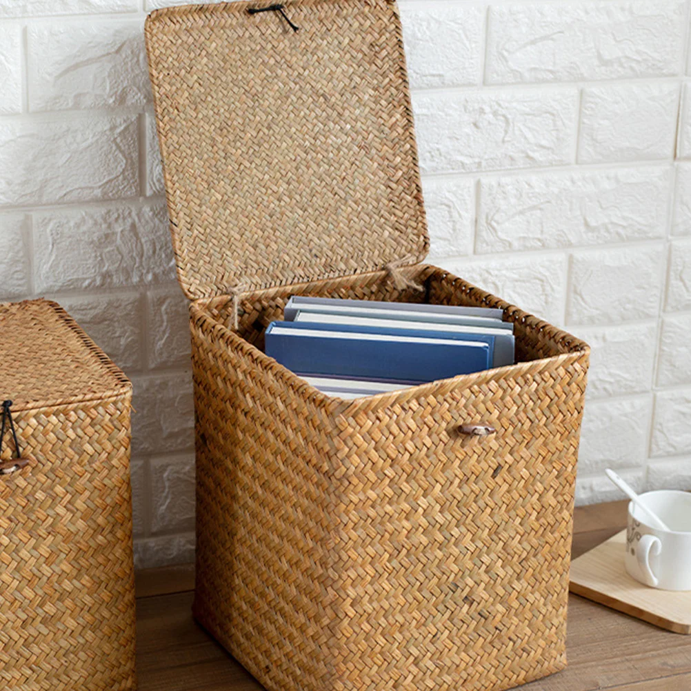 Country Picnic Basket Seagrass Picnic Laundry Hamper with Lid Straw Woven Cattail Retro Handwoven Case