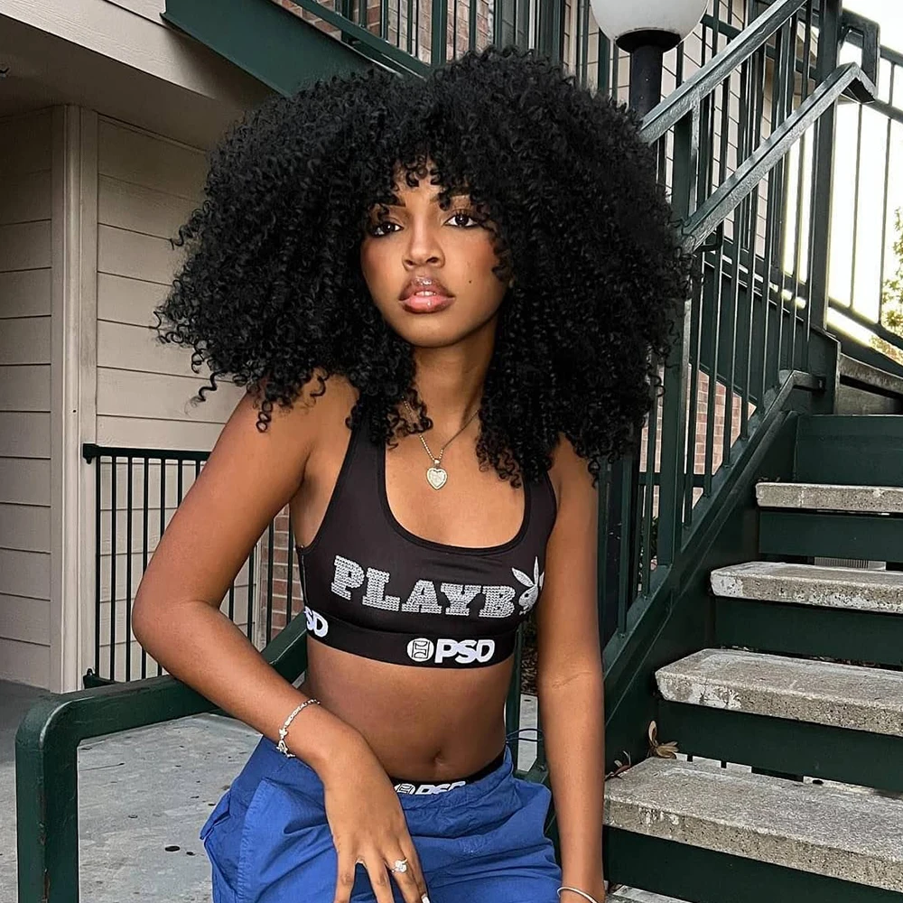 

Curly Wig With Bangs Afro Curly Wigs for Black Women Synthetic Fiber Fluffy Short Curly Wig for Daily Party Cosplay