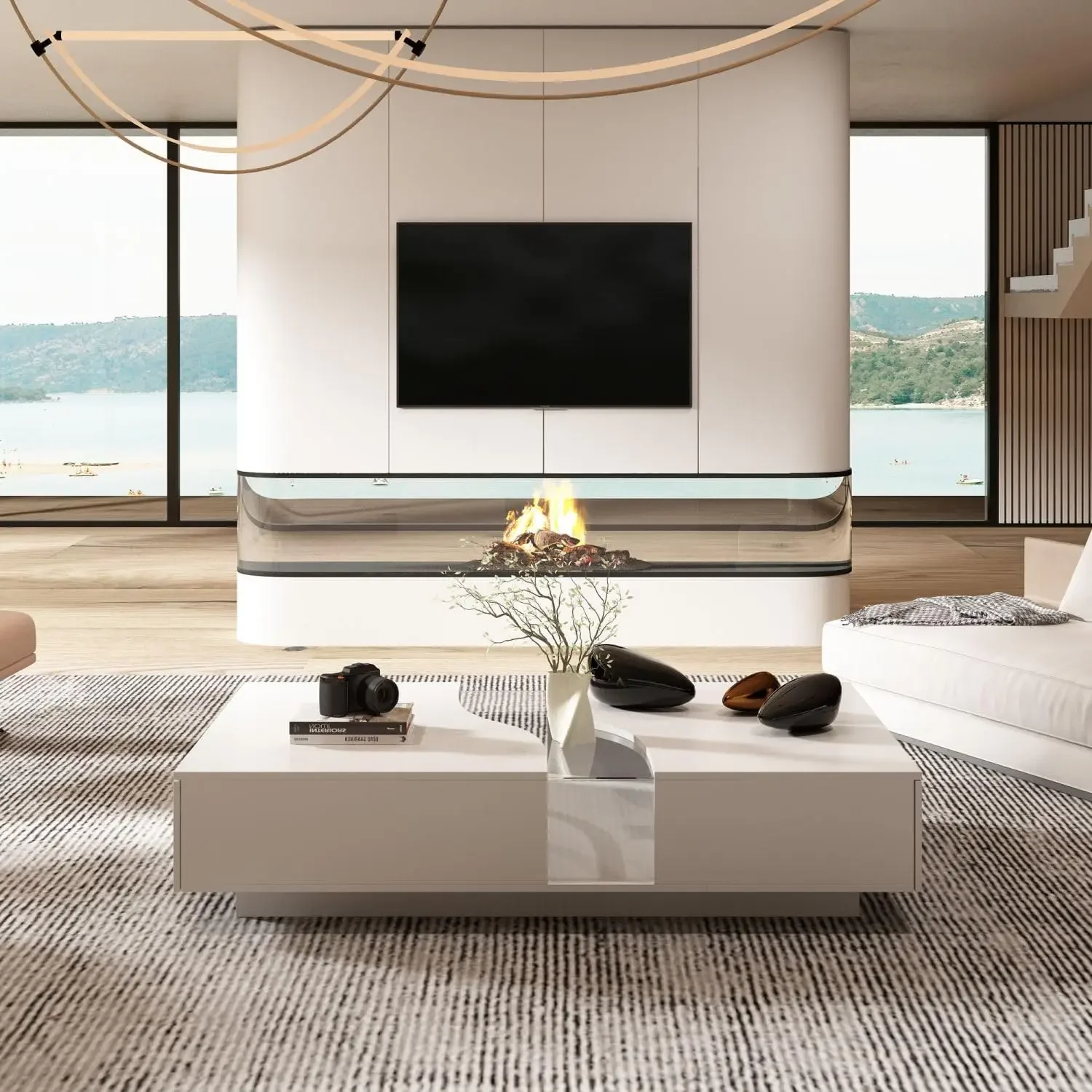 Moumon Modern Coffee Table With Lights & Glass Tabletop, Living Room Coffee Table With 2 Drawers, Central Table With Storage,