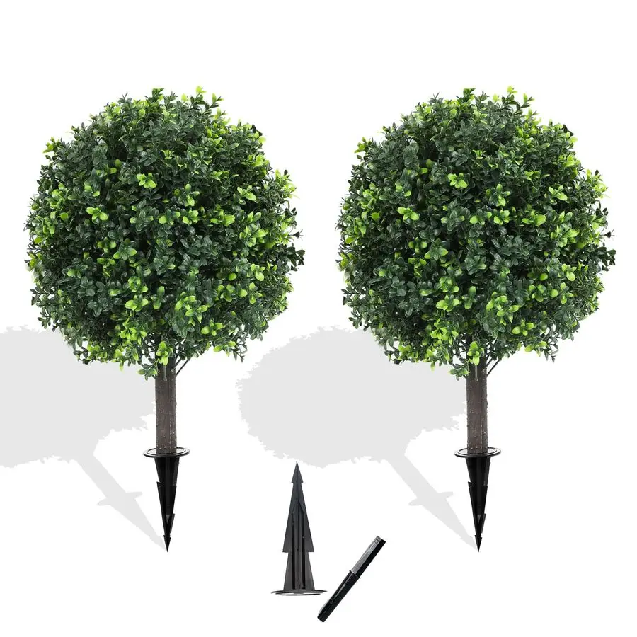 

27.2 Artificial Boxwood Topiary Set of 2 with Spike, Fake Plants Boxwood Balls Greenery Bushes, Uv Resistant Artificial Outdoor