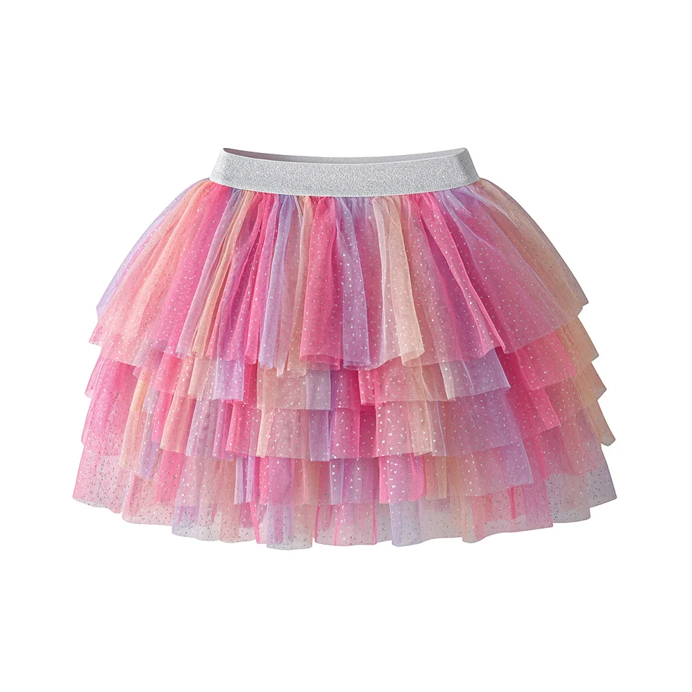 VIKITA Girls Rainbow Glitter Tutu Skirt Layered Tiered Tulle Mesh Elastic Waist Sparkly Pink Gradient Party Ballet Mini Skirt