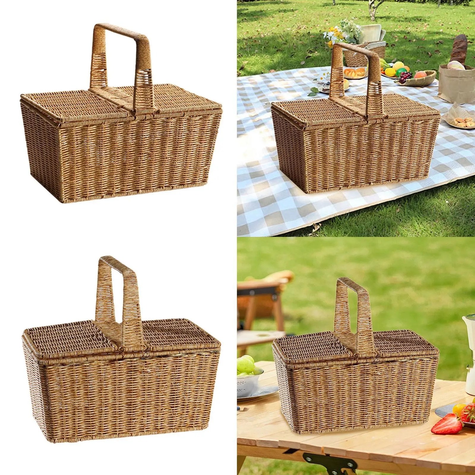 Cesta de picnic de doble cubierta para acampar cesta de almacenamiento de compras rústica
