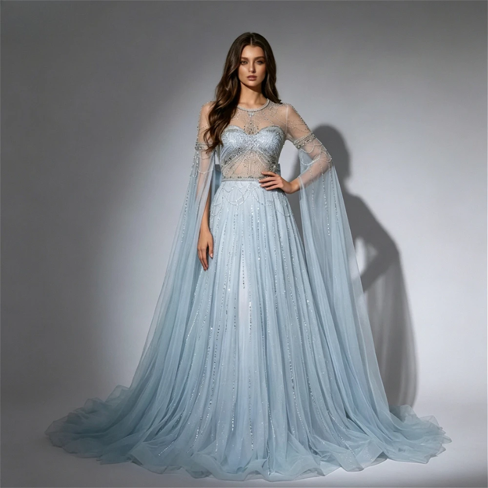 

Customized Light Blue Illusion Neck Cape Sleeve Maxi Evening Dress All Over Rhinestone Beading Flowy Tulle Formal Prom Gown