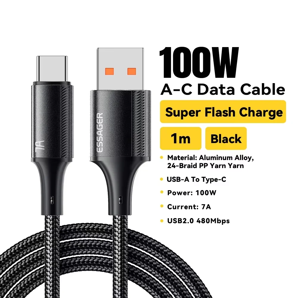 Realme Huawei P40 Pro 100W 고속 충전 와이어 용 Essager 7A USB 유형 C 케이블 Samsung Xiaomi Poco F3 용 USB-C 충전기 데이터 코드
