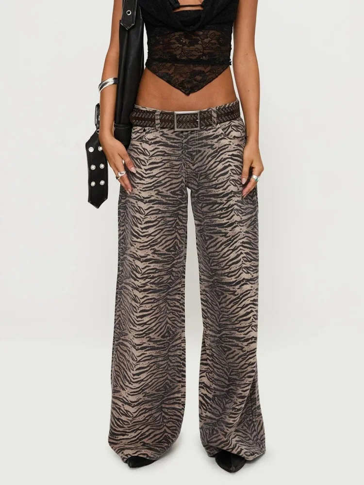 2026 American Retro Y2K Fashion Leopard Baggy Jeans Pants For Women Clothing Wide Leg New Rock Lady Long Trousers Pantalon Femme