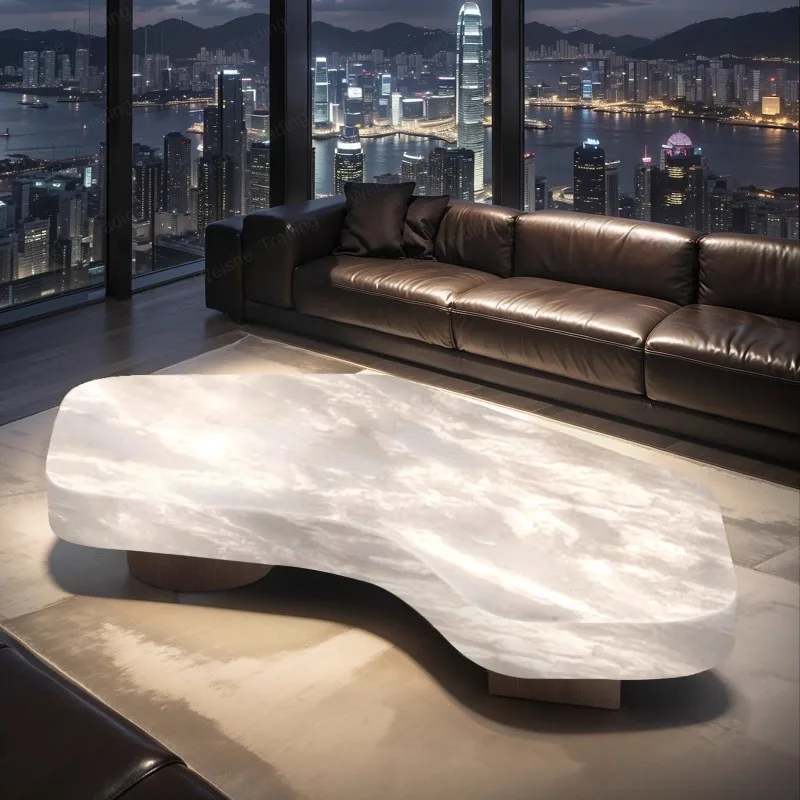 

Luminous jade crescent moon coffee table living room, ice jade luxury stone light luxury, large flat Nordic villa