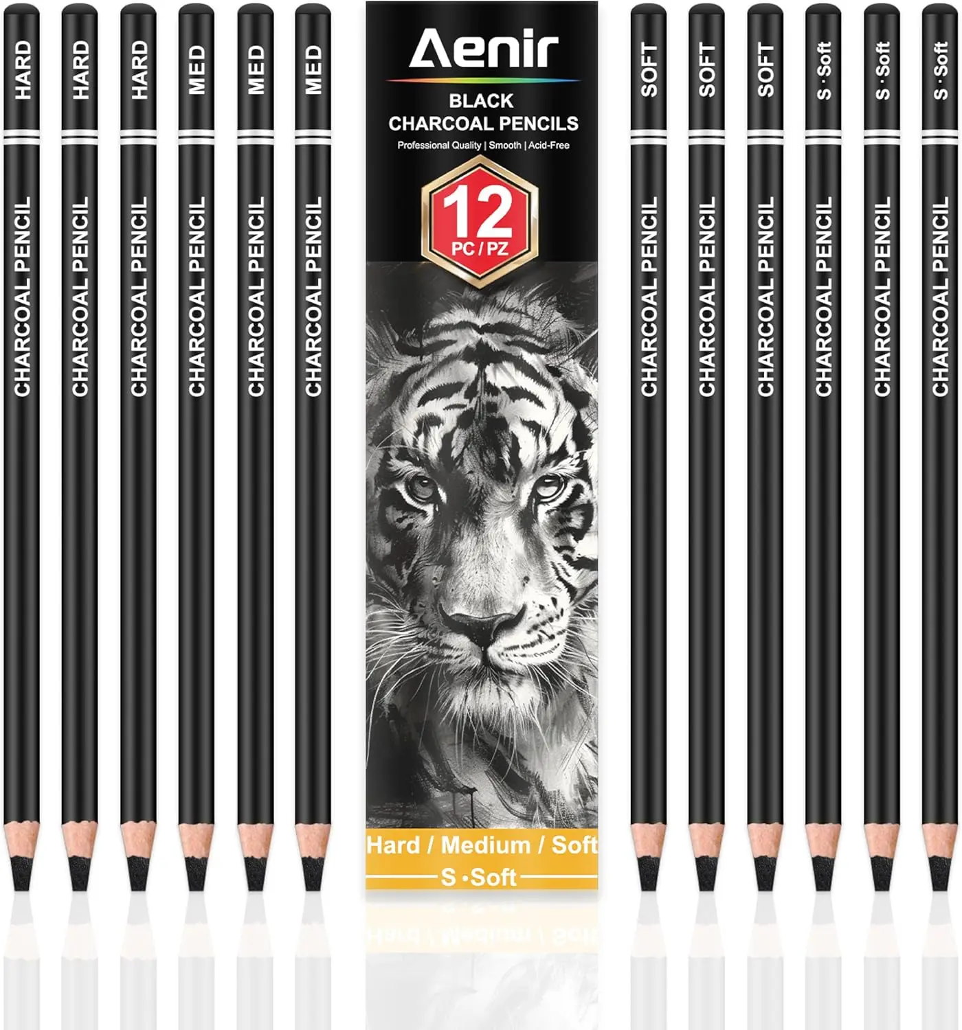 

Charcoal Pencils for Drawing, Set of 12 - Soft, Medium, Hard Grades for Sketching & Shading