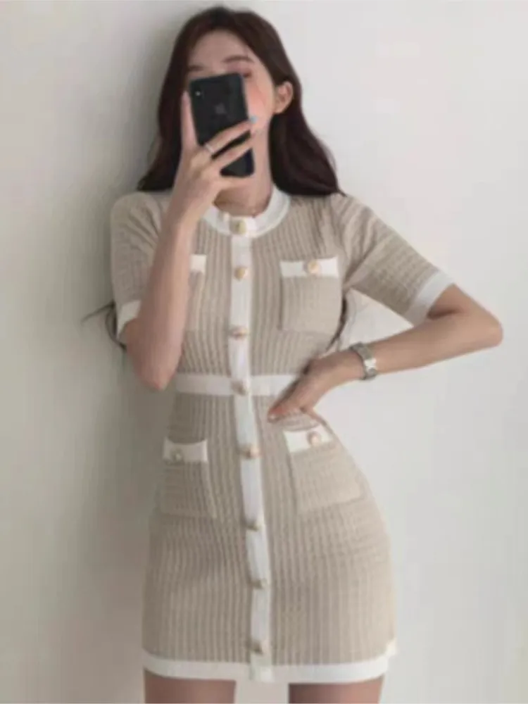 

Elegant Korean Xiaoxiangfeng Slim Mini Dresses Women Fashion Temperament Solid Color Package Hip Bodycon Dress Spring Summer New