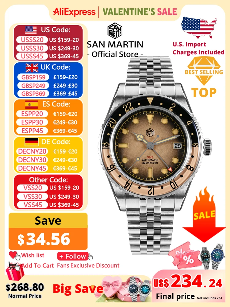 

San Martin 2025 Мужские часы Ретро NH34 GMT Сэндвич-циферблат 40 мм Двунаправленный сапфировый безель Роскошные спортивные часы 20 бар SN0134