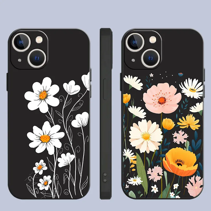 phone Case for Apple iPhone 12 11 14 Plus XR 6 SE 15 Pro 13 Mini XS Max 7 8 soft fundas Black Cover Daisy Chrysanthemum Flowers