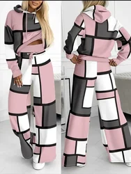 Moletom com capuz estampado geométrico e conjunto de pernas largas para mulheres, conjunto de 2 peças, roupas casuais, outono, inverno, nova moda, 2023