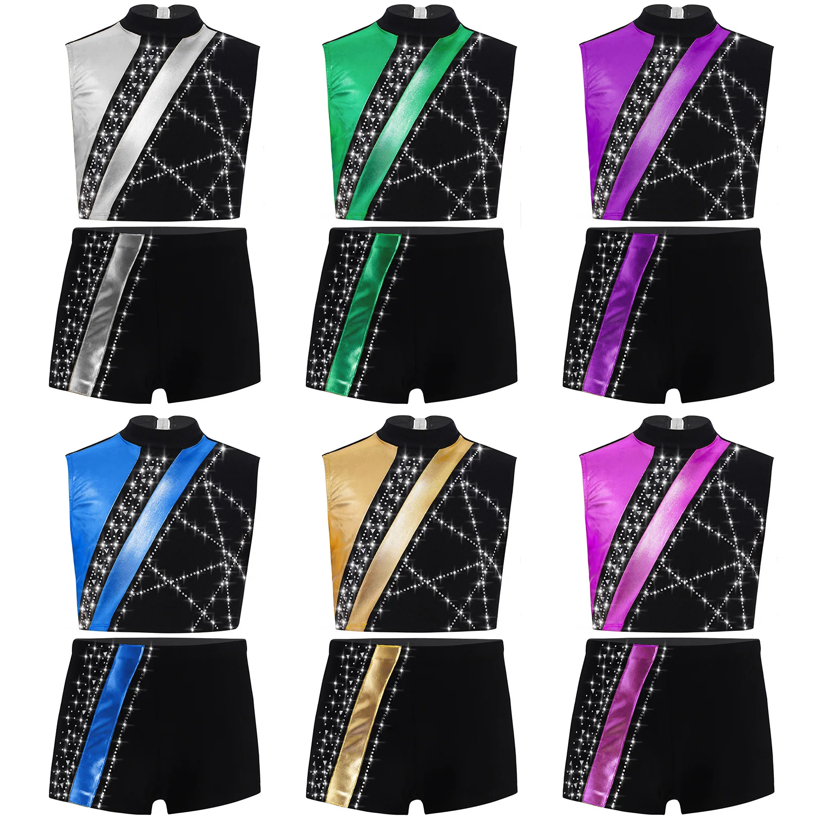 

Children Gymnastics Outfit for Girls Sleeveless Cutout Back Rhinestones Tops Shorts for Ballet Dance Ice Skating Performance Set