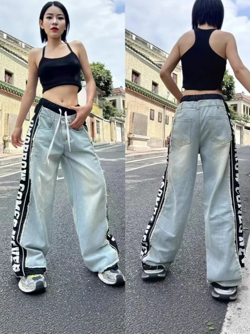 

Trendy Red Letter Print Elastic Waist Jeans Women's Spring 2025 Long Trousers Faionable Patchwork Cuff Dstring Pants