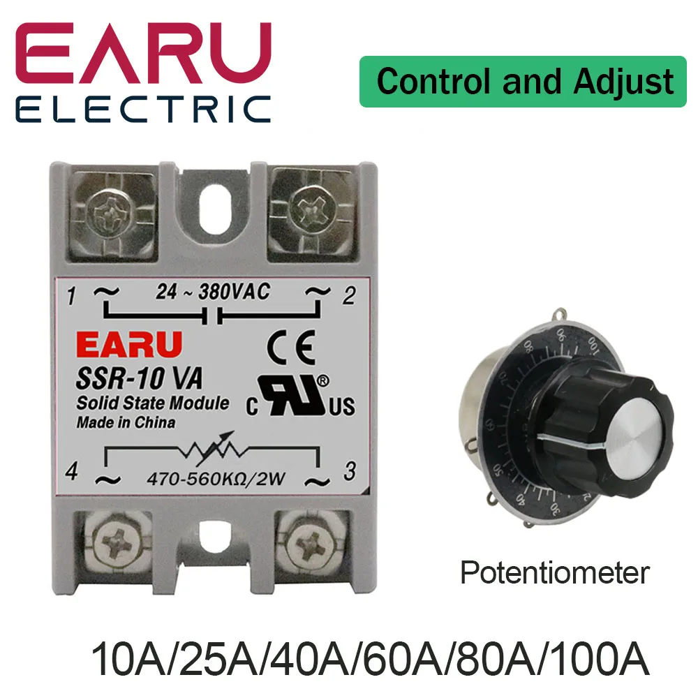 SSR-10VA SSR-25VA SSR-40VA SSR Solid State Relay Voltage Regulator AC24-380V Output+Potentiometer for PID Temperature Controller 