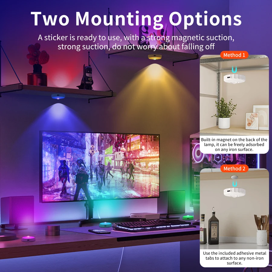 RGB LED スポットライト リモコン付き 充電式ワイヤレスナイトライト キッチンキャビネット ワードローブ ディスプレイ クローゼット用 1-4パック