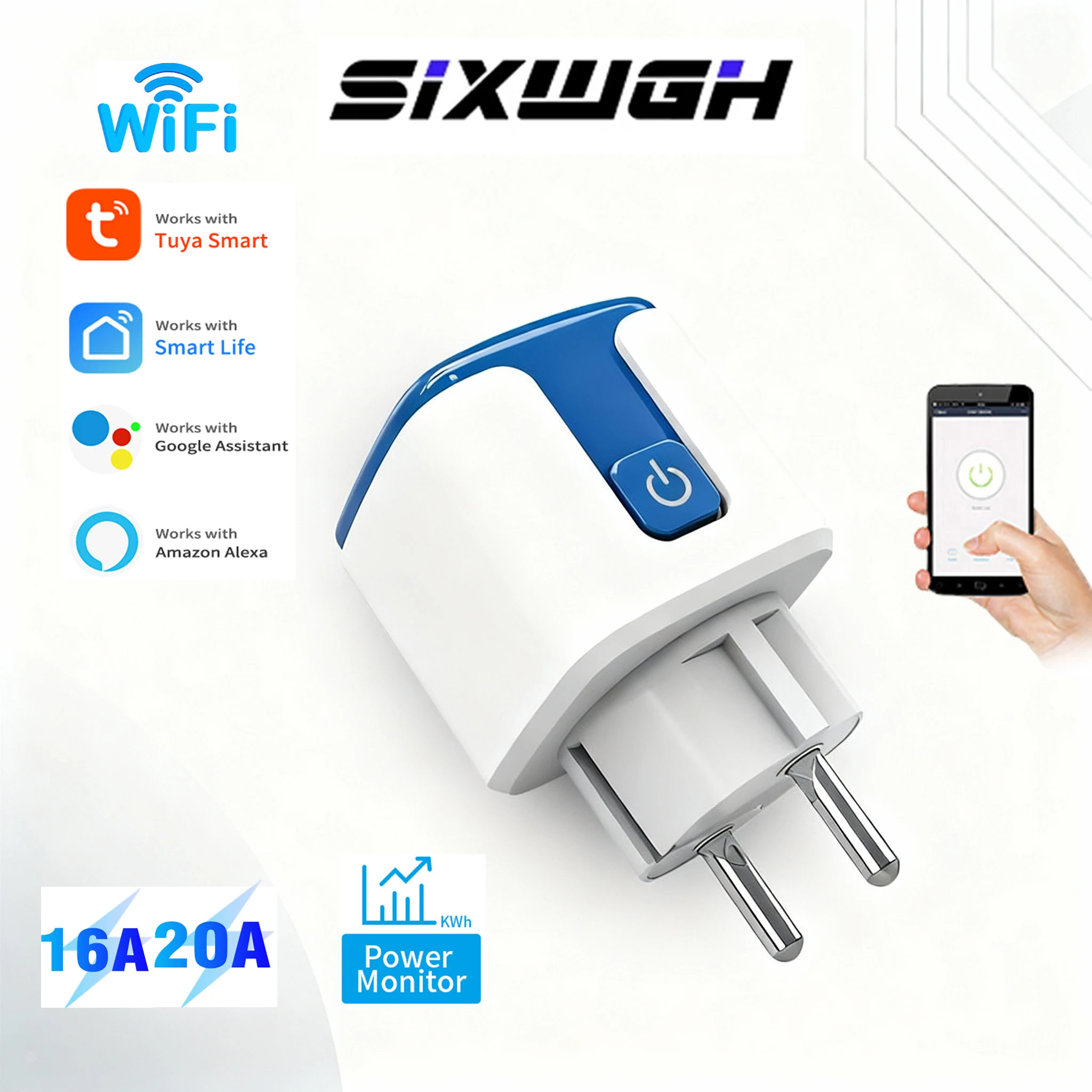 Sixwgh Tuya WiFi مقبس ذكي (16A/20A EU) جهاز تحكم عن بعد متنقل + مفتاح مؤقت يدعم إحصاءات البطارية ومساعد الصوت #1