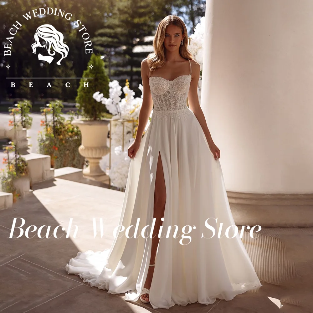 

Beach Sweetheart Sleeveless Tulle Strapless Backless Mordern Lace Bridal Dress with High Slit 2025 Vestidos De Novia Customized