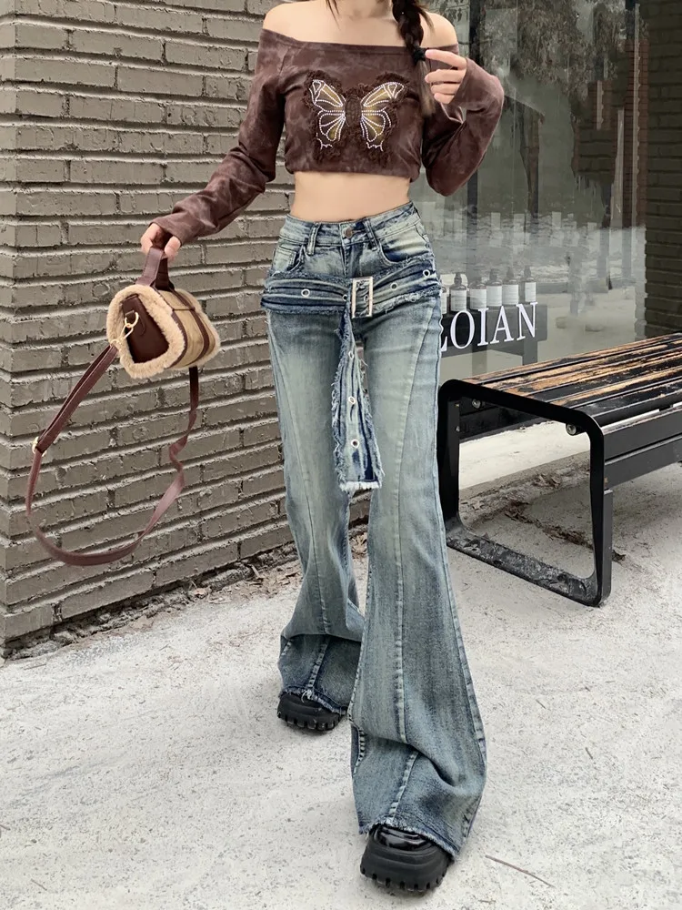 Japanese Y2k Low Rise Flare Jeans Vintage Washed Black Baggy Jeans Korean Grunge Cargo Pants 2000s Wide Leg Denim Pants