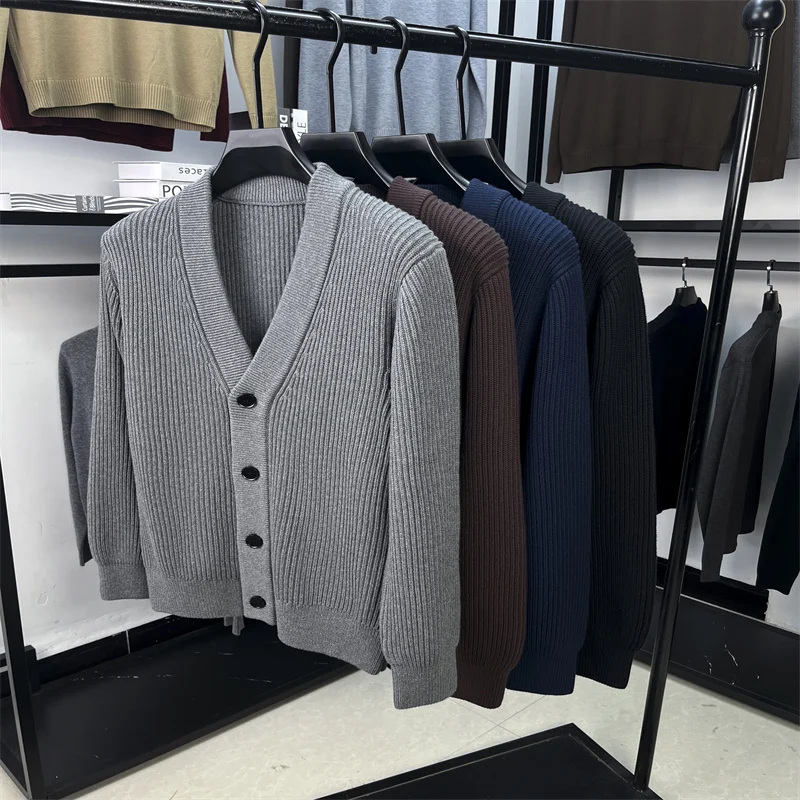 

100% Pure Cotton Men Cardigan Good Quality Classic V-Neck Sweater Coat Thick Single Breasted Knitwear Long Sleeve Warm Clothes