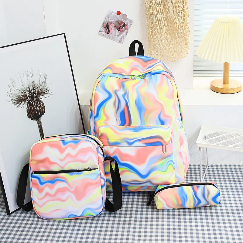 Tie Dye Print 3 Piece Backpack Waterproof Fabric Student School Bag Daily Shopping Travel Crossbody Mini Bag Pencil Case Combo
