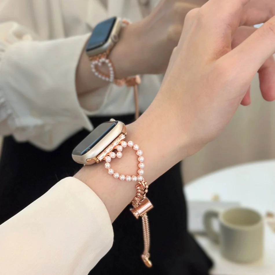 Luxury Love Heart Pearl Bracelet Strap For Apple Watch Series 10 9 8 7 6 SE 5 4 38/40/41/42/44/45/46mm IWatch Ultra 2 49mm Band