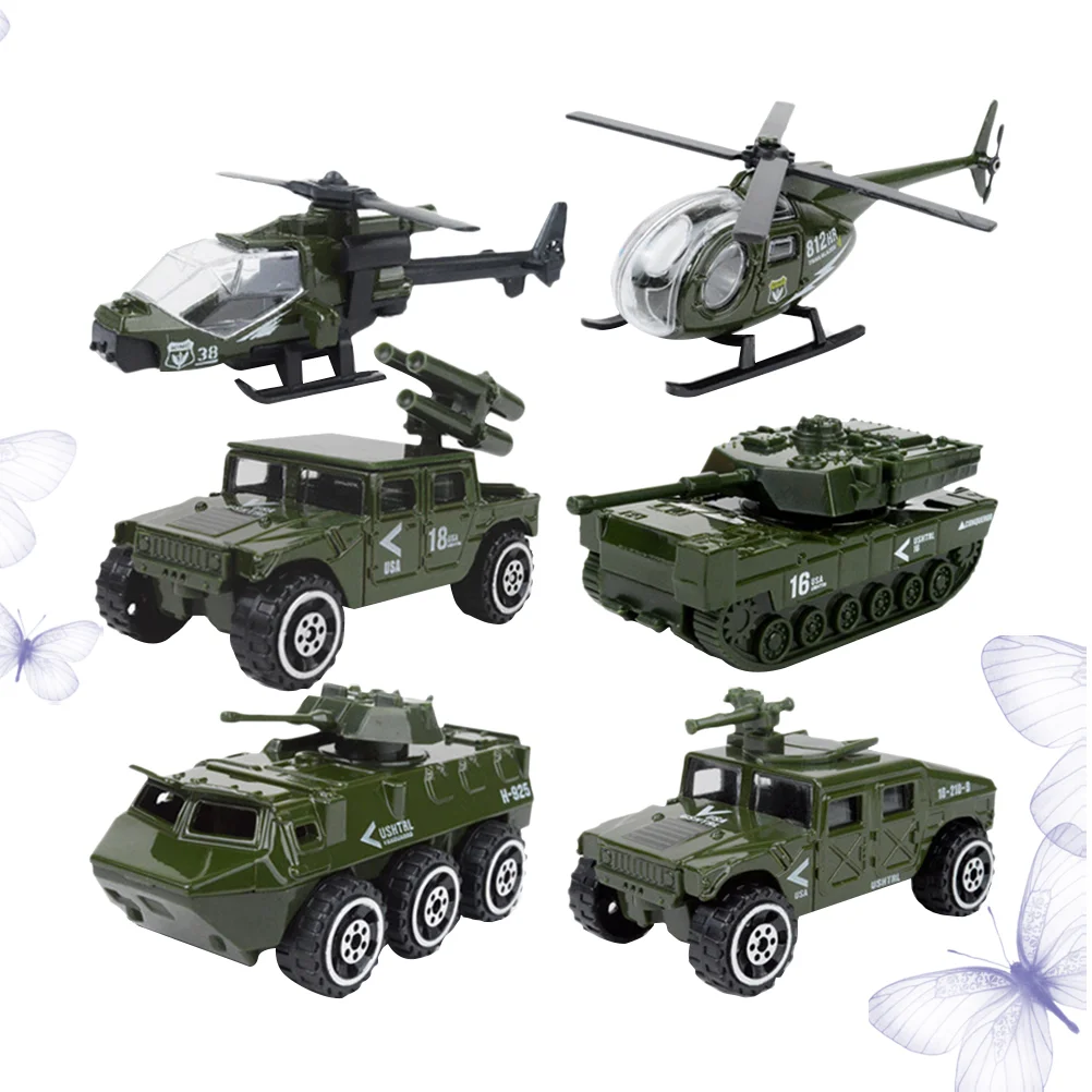 

6pcs 1:87 Alloy Sliding Car Model Set Alloy Vehicle Mini Diecast Car Toys Set Helicopter Tank Car for Kids Boys