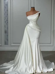 Customized  Beaded One Shoulder Wedding Dress Chapel Train Vestido De Casamento Satin Ruched Mermaid Vintage Bridal Gown