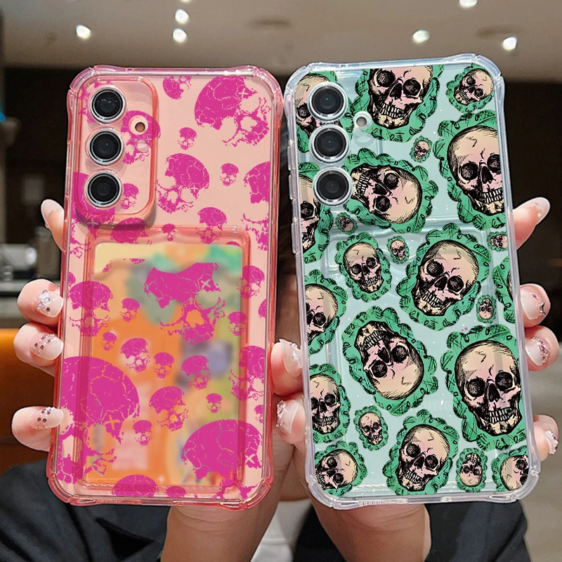 Skull Flower Pattern Clear Phone Case For Samsung Galaxy S26 S24 S23 Ultra S22 Plus S25 Edge S25 FE Card Bag Wallet Soft Cover