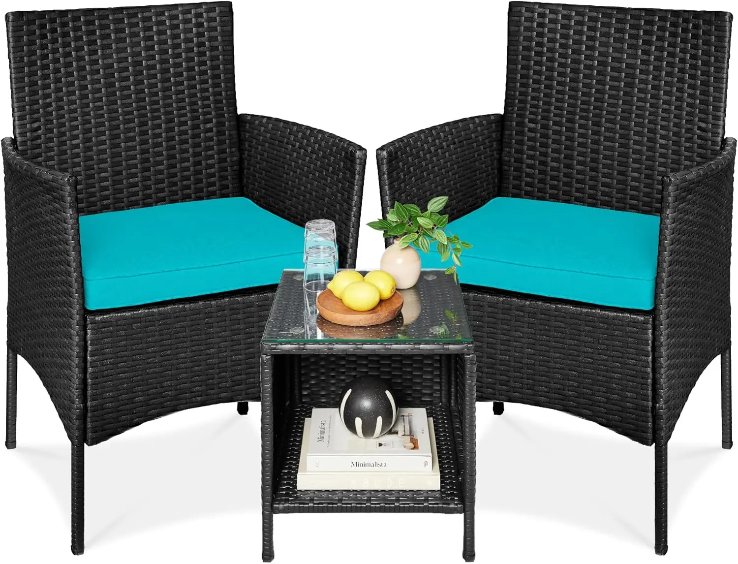 3-Piece Outdoor Wicker Conversation Bistro Set, Space Saving Patio Furniture for Garden w/Side Table -