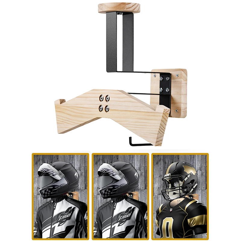 Soporte de pared para casco de motocicleta, colgador de exhibición de casco de bicicleta de madera con ganchos, todo en uno