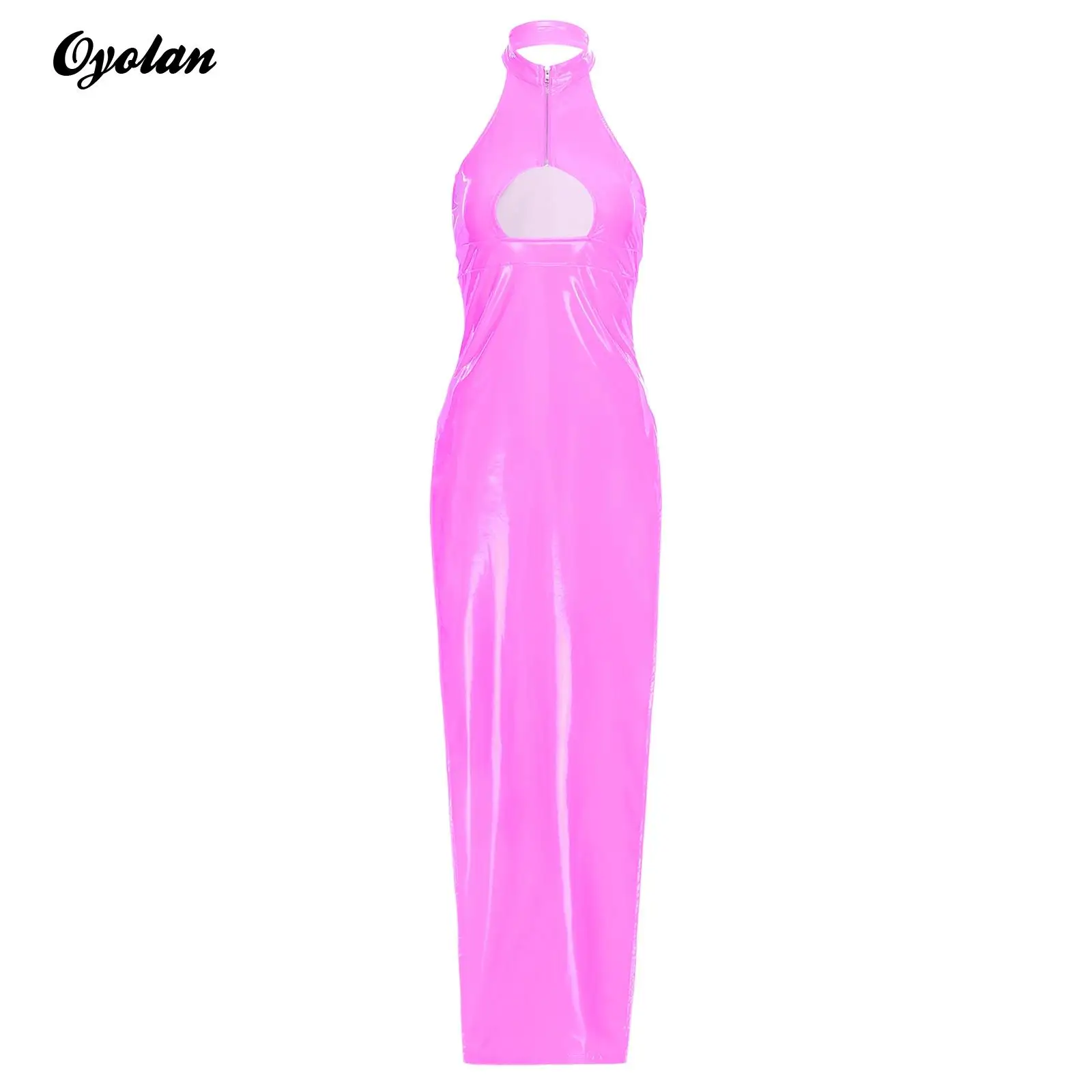 

Sexy Womens Hollow Out Stretch Bodycon Tank Dresses PU Leather Halter Neck Wetlook Skinny Hollow Chest Slit Midi Maxi Dress