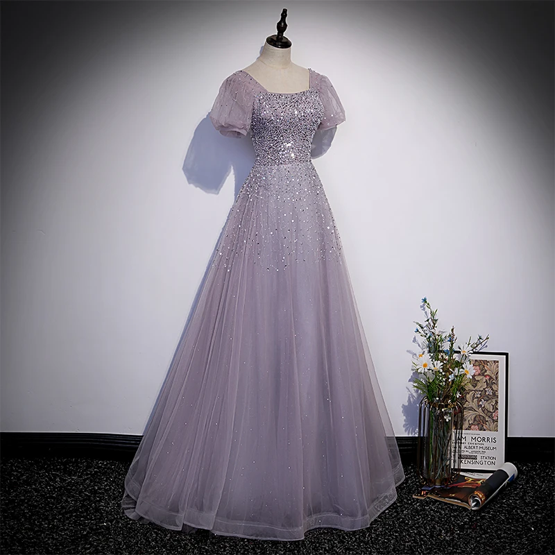 Evening Dress Ligth Purple Square Collar Short Sleeves Beading Lace up Simple A-line Floor Length Plus size Party Dresses B2382