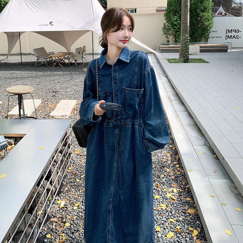 

Женское джинсовое платье в корейском стиле, винтажное, свободного кроя, скрывающее недостатки фигуры, для полных женщин (до 300 фунтов), осенне-весеннее, А-силуэт