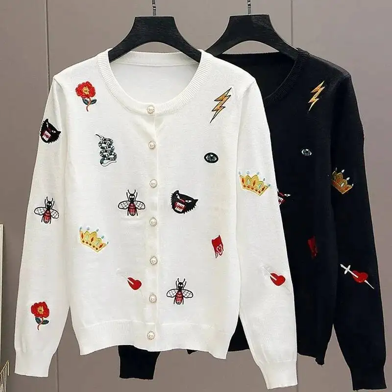 Women Sweater Autumn New Long Sleeve Femme Knitwear Mujer Cardigan Leisure Jacket Bee Flower Embroidery Top Jumpers