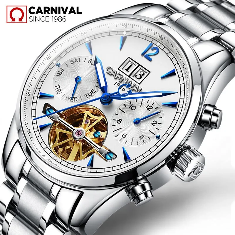 Carnival Luxury Tourbillon Mechanical Watch Mens Stainless Steel Waterproof Luminous Automatic Watches for Men Relogio Masculino