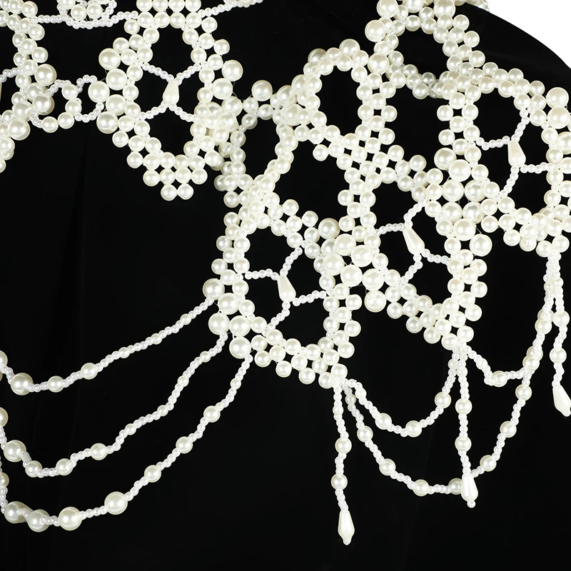 Vintage Bride pPearl Shoulder Chain Jewelry Hollow Out Hand Woven Body Chain for Women Imitation Pearl Necklace