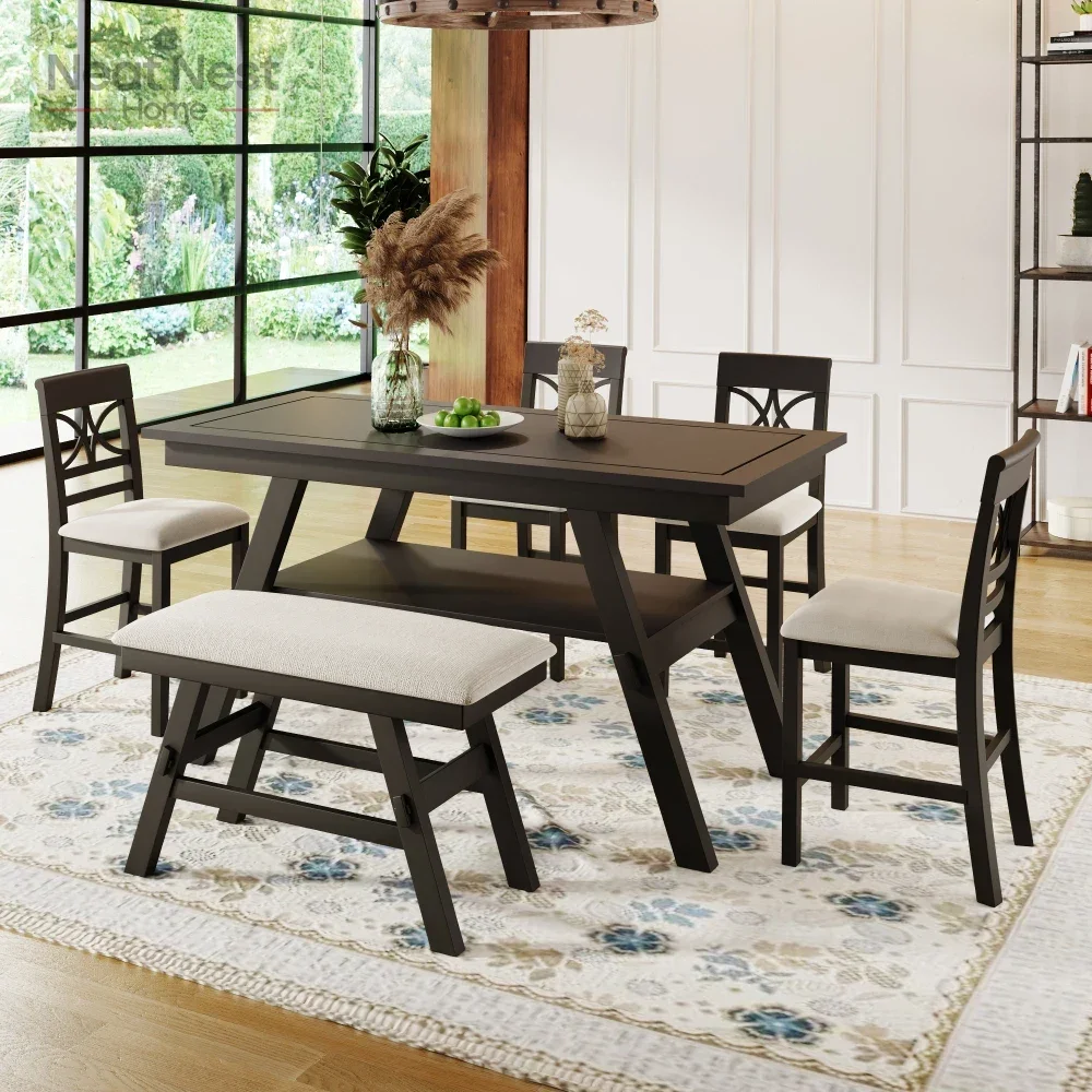

6-Piece Wood Counter Height Dining Table Set with Storage Shelf, Kitchen Table Set with Bench and 4 Chairs, Rustic Style