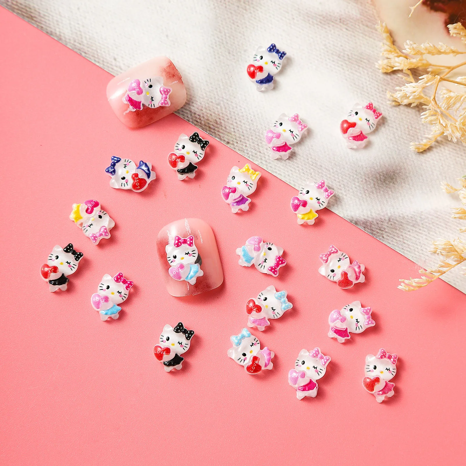 20pcs miniso heart kt cartoon nail charms for diy nail making kawaii cute resin nail art decoreation