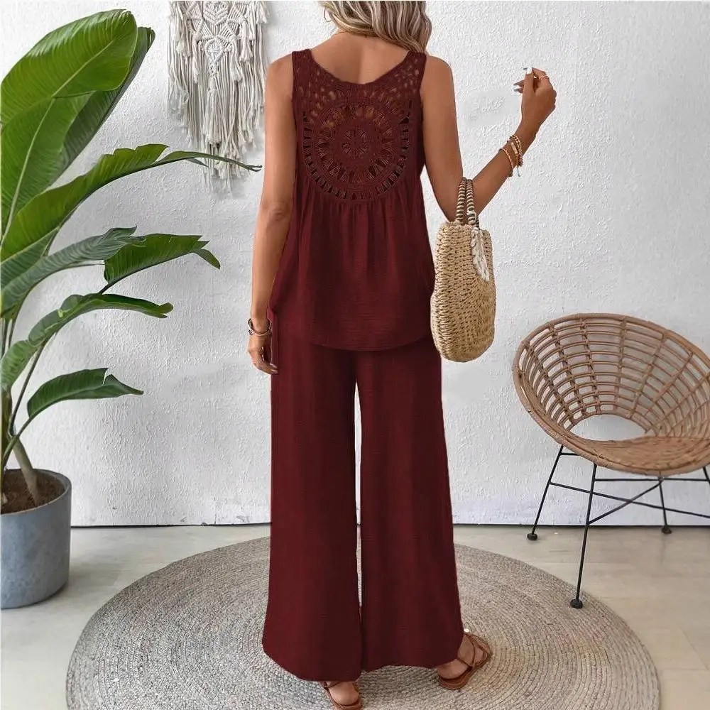 Women's Duya Ba Hollow Lace Wide Leg Pants Set Long Pants Splice Pure Color Tee-piece Set Svel Simple Sle Adult
