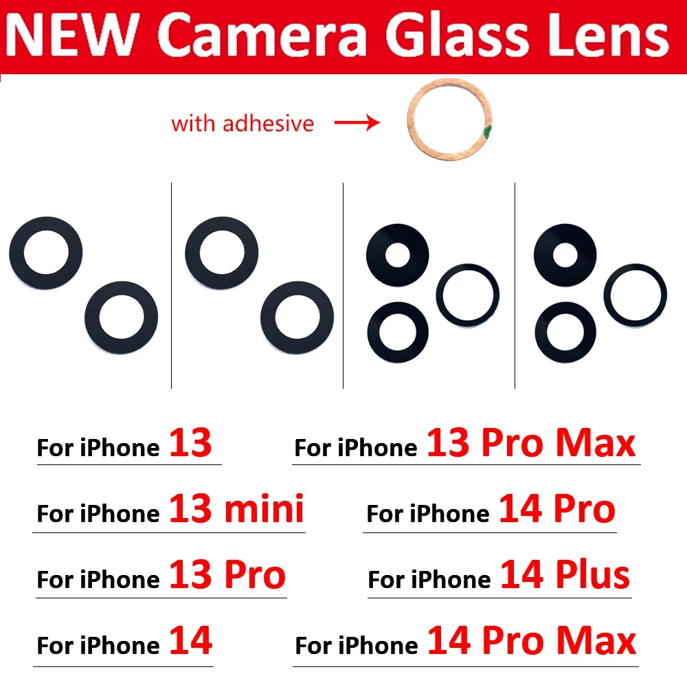 2Pcs，100% NEW Camera Glass Lens Back Rear With Ahesive Sticker Replacement Parts For IPhone 15 13 16 Pro Max 13mini 14 Plus 6s