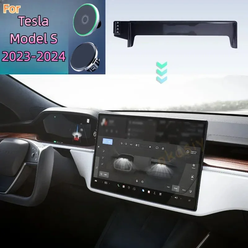 For Tesla Model X 2023 2024 Car Phone Holder Screen Fixed Base Magnetic Wireless Charging Stand Car MagSafe Support Glasses Box