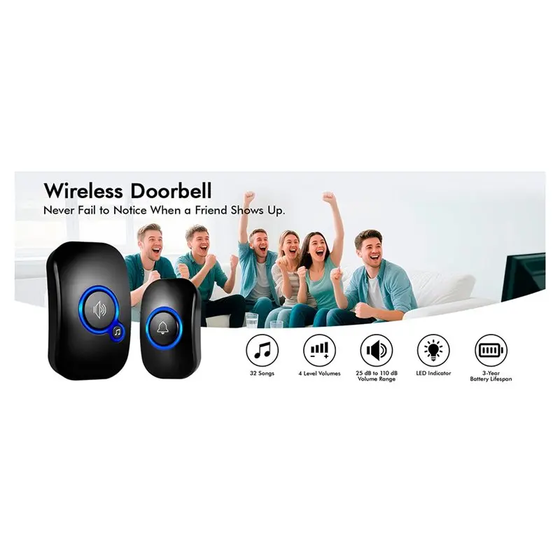 【ADD TO CART】กริ่งประตูกันน้ำระดับ IP55, 60 เสียงเรียกเข้า, ปรับระดับเสียงได้ 5 ระดับ, ดีไซน์ไฟ LED กระพริบสำหรับบ้าน, รองรับปลั๊กแบบ EU