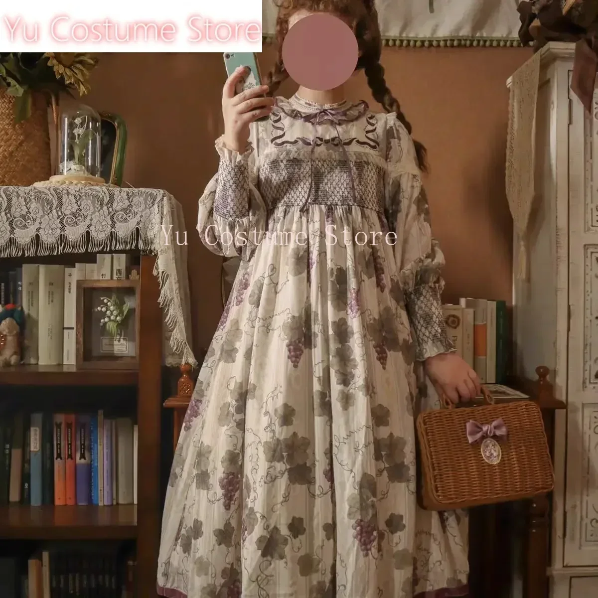 

Yu StoreCoalfell Vineyard European Vintage Printed Standing Collar OP Long Sleeve Dress Women Lolita Original Lolita Dress