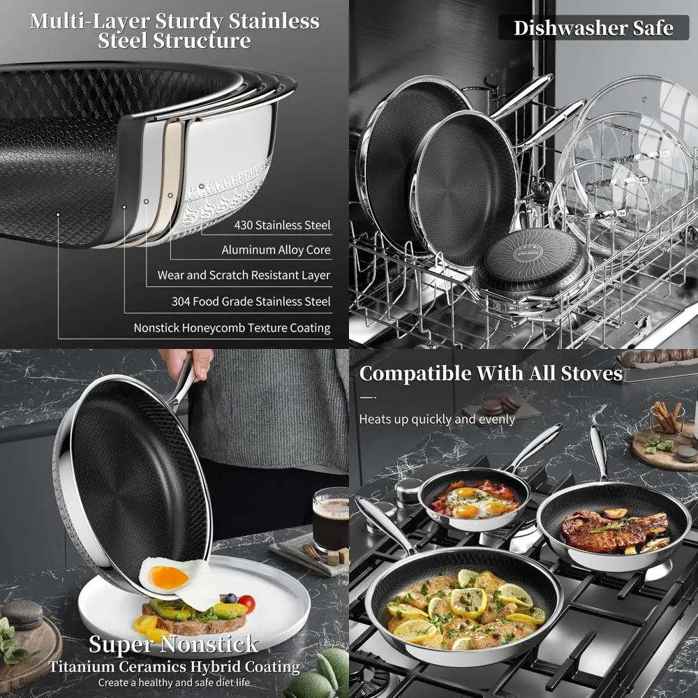 

6-Piece Nonstick Honeycomb Stainless Steel Cookware Set, Induction-Ready, PFAS-Free for Egg and Omelet Cooking