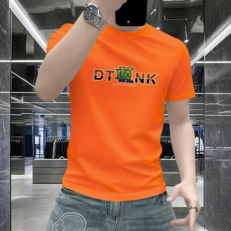 

Summer New Men Luxury T Shirt With Colorful Rhinestone Letter Print Round Neck Casual All Match Short Sleeve Tops Male Clothing