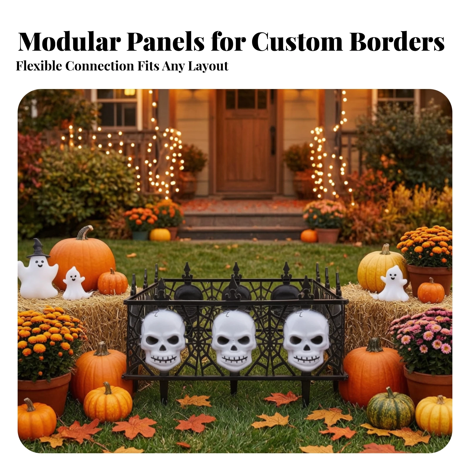 4 Pieces Decorative Fence with Skull Black Spiderweb Fence Panels Yard Fencing Lightweight Garden Border Scary for Homeowners