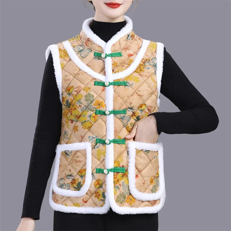

Middle-aged Mother Add Velvet Warm Vest Coat Autumn Winter New Printed Fleece Sleeveless Jacket Grandma Thicken Warm Waistcoat